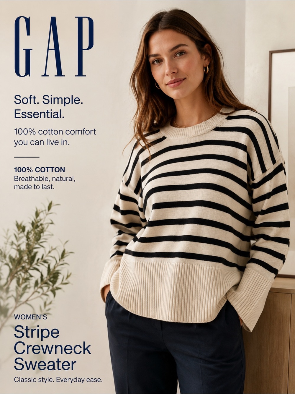 GAP Black‎ & Cream Striped Crewneck Sweater large